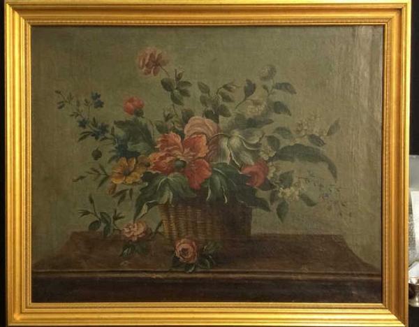 This floral still life on canvas painting, Italian School, circa 1800, depicting tulips, roses and chrysanthemums in a basket, was bought at Sotheby’s in December 1997 from the estate of the late conductor and composer Leonard Bernstein.