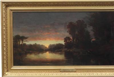 Christopher Pearse Cranch (1813 – 1892): Sunset on the River - Oil on canvas, 19.5 x 39.5 inches / Signed and dated lower left