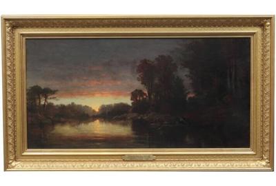 Christopher Pearse Cranch (1813 – 1892): Sunset on the River - Oil on canvas, 19.5 x 39.5 inches / Signed and dated lower left