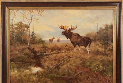 ARTHUR FITZWILLIAM TAIT (BRITISH-AMERICAN, 1819 – 1905) WARY BULL MOOSE AND TWO COWS Oil on canvas, 23 x 30.5 inches/Signed lower left