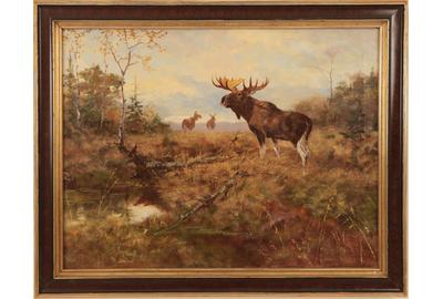 ARTHUR FITZWILLIAM TAIT (BRITISH-AMERICAN, 1819 – 1905) WARY BULL MOOSE AND TWO COWS Oil on canvas, 23 x 30.5 inches/Signed lower left