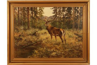 ARTHUR FITZWILLIAM TAIT (BRITISH-AMERICAN, 1819 – 1905) MULE DEER Oil on canvas, 23.25 x 31 inches/Signed lower right