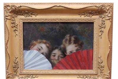 Frank Dvorak (Czech Republic – United States 1862 – 1927) ( aka František Dvořák, Franz Dvorak, Franz Bruner ): Three Girls with Fans - Pastel with gouache on paper, 11.75 x 17 inches / Signed lower left