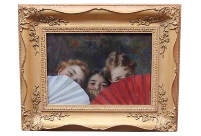 Frank Dvorak (Czech Republic – United States 1862 – 1927) ( aka František Dvořák, Franz Dvorak, Franz Bruner ): Three Girls with Fans - Pastel with gouache on paper, 11.75 x 17 inches / Signed lower left