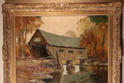 Anthony Thieme (1888 - 1954): Covered Bridge - Oil on canvas, 24.5 x 29.5 inches/Signed lower right