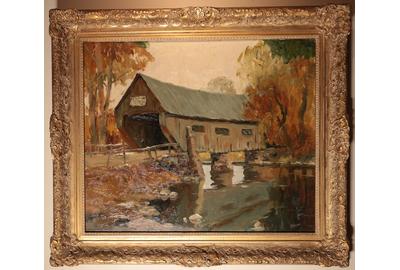 Anthony Thieme (1888 - 1954): Covered Bridge - Oil on canvas, 24.5 x 29.5 inches/Signed lower right