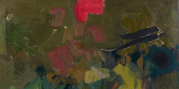 From Berry Campbell Gallery, Yvonne Thomas, Untitled (March 1957), 1957.  Oil on canvas.  55 1/2 × 65 in.