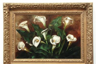 LOUIS COMFORT TIFFANY (AMERICAN 1848 – 1933) CALLA LILIES Oil on canvas, 18 x 26 inches/Signed lower right