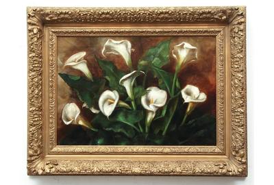 LOUIS COMFORT TIFFANY (AMERICAN 1848 – 1933) CALLA LILIES Oil on canvas, 18 x 26 inches/Signed lower right