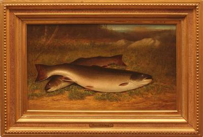 Walter M.  Brackett (American, 1823 – 1919) ( aka W.M.Brackett ) Trout on a Bank - Oil on canvas, 11.75 x 19.5 inches / Signed lower right