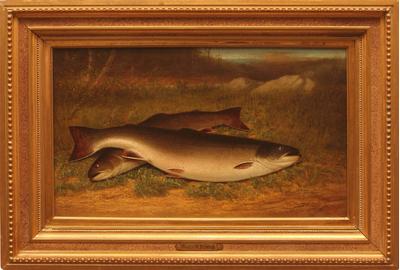 Walter M.  Brackett (American, 1823 – 1919) ( aka W.M.Brackett ) Trout on a Bank - Oil on canvas, 11.75 x 19.5 inches / Signed lower right