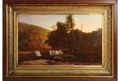 Robert M.  Tudor (American, 19th century): Fishing in the Catskills - Oil on canvas, 22 x 36 inches / Signed and dated lower left