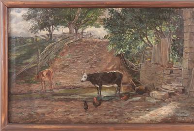 Olive Turney (American 1847 – 1939): Cows in Creek at Lehman Farm, Scalp Level, PA - Oil on canvas, 18 x 29.5 inches/Signed lower right