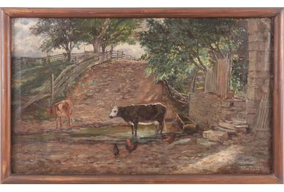 Olive Turney (American 1847 – 1939): Cows in Creek at Lehman Farm, Scalp Level, PA - Oil on canvas, 18 x 29.5 inches/Signed lower right