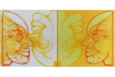 Headlights Shadowplay Car Crash Card Game Self Love Ego Death Double Inverted Portrait Acrylic on layered plexiglass assemblage diptych on canvas 48” x 96” 2020