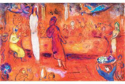 “Daphnis and Chloè: Megacles Recognizes His Daughter During the Feast, 1961” Color Lithograph, hand-colored by Chagall on Arches paper