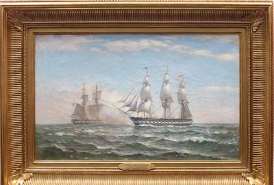 Charles Drew Cahoon (American 1861 – 1951) ( aka C.D.  Cahoon, Charles Cahoon ) USS Constitution - Oil on canvas, 14.5 x 23.5 inches / Signed lower right