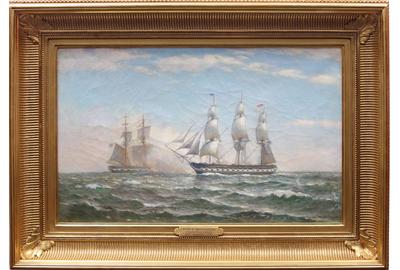 Charles Drew Cahoon (American 1861 – 1951) ( aka C.D.  Cahoon, Charles Cahoon ) USS Constitution - Oil on canvas, 14.5 x 23.5 inches / Signed lower right