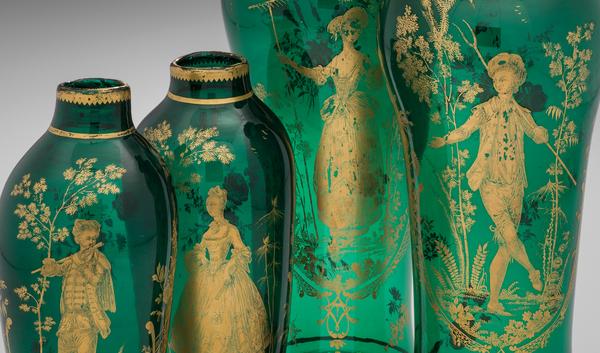 Ornamental vases, gilded copper-green lead glass.  England, probably decorated in the London workshop of James Giles (1718–1780), about 1765.  Each: H.  39.3 cm.  The Corning Museum of Glass (2003.2.4A, B; 54.2.4A, B).  Photo Credit: Collection of the Corning Museum of Glass, Corning, NY.