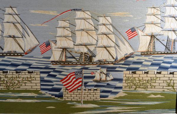 Rare American Sailor's Woolwork of a Fleet of American Frigates sailing Past an American Fort, Circa 1870.