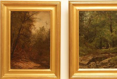 Alfred S.  Wall (American 1825 – 1896): The Woods at Dusk / Cows in the Woods (Sold as a pair) - Oil on board, 9.63 x 6.63 inches/Signed lower left 