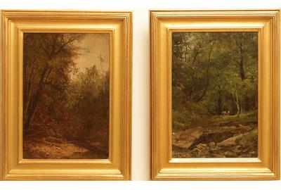 Alfred S.  Wall (American 1825 – 1896): The Woods at Dusk / Cows in the Woods (Sold as a pair) - Oil on board, 9.63 x 6.63 inches/Signed lower left 