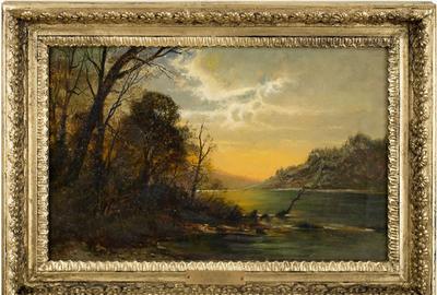 Carl Philipp Weber (American 1849 – 1922) ( aka C Philipp Weber, C P Weber, C Ph Weber ) Sunset at the Lake Oil on canvas, 9.5 x 15.5 inches / Signed lower left