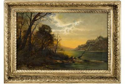 Carl Philipp Weber (American 1849 – 1922) ( aka C Philipp Weber, C P Weber, C Ph Weber ) Sunset at the Lake Oil on canvas, 9.5 x 15.5 inches / Signed lower left