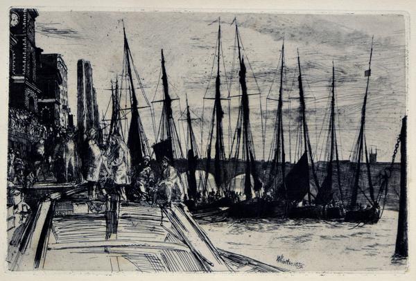  James Abbott McNeill Whistler (America, 1834 — 1903), Billingsgate, 1859, etching, 5 15/16 x 8 7/8 inches, Museum Purchase, 2003.5.1C 