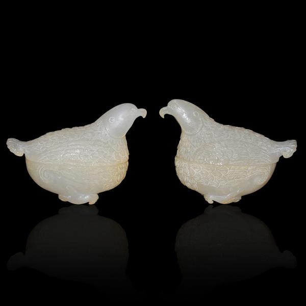 Lot 122.  A pair of white jade quail boxes just two inches tall and of the Qing Dynasty.  $40,000-$60,000.  