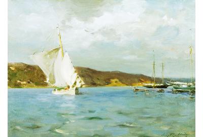 Irving Ramsey Wiles, "White Sloop, Peconic Bay", 1907, Oil on canvas, 21 x 28 inches, Signed