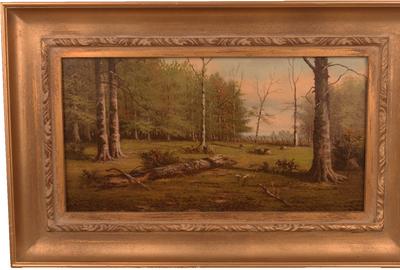 William Keith (American 1838 – 1911): Old Forest Clearing - Oil on canvas, 7.5 x 14.5 inches / Signed lower left