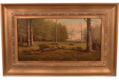 William Keith (American 1838 – 1911): Old Forest Clearing - Oil on canvas, 7.5 x 14.5 inches / Signed lower left