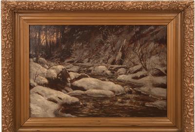 William Preston Phelps (American 1843 – 1923) ( aka W.P.  Phelps ): Winter Stream - Oil on canvas, 11.75 x 17.5 inches / Signed lower right 