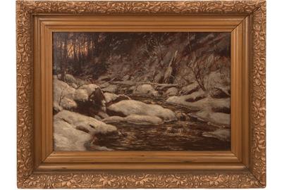 William Preston Phelps (American 1843 – 1923) ( aka W.P.  Phelps ): Winter Stream - Oil on canvas, 11.75 x 17.5 inches / Signed lower right 