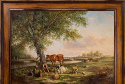 Edmund Aylburton Willis (British-American, 1808 – 1899) ( aka A Van Willis, Aylburton Van Willis, A.V.  Willis ): Idyllic Day - Oil on canvas, 29.75 x 39.7.5 inches / Signed lower right 