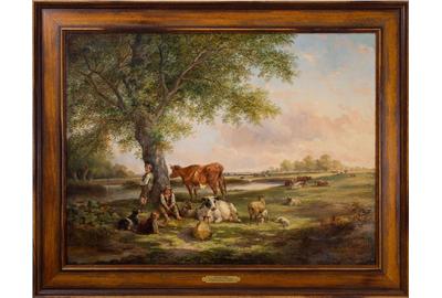 Edmund Aylburton Willis (British-American, 1808 – 1899) ( aka A Van Willis, Aylburton Van Willis, A.V.  Willis ): Idyllic Day - Oil on canvas, 29.75 x 39.7.5 inches / Signed lower right 