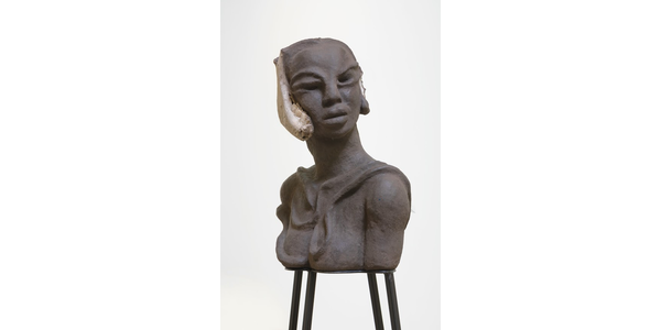 WANGECHI MUTU, Detail of ​I am Speaking, Can you hear me?,​ 2020.  Paper pulp, wood glue, soil, charcoal, bone, feathers, shells, wood, metal stands 22 1/8 x 32 1/2 x 14 1/8 in.  (overall).  Courtesy of the Artist and Vielmetter Los Angeles.  Photo Credit Robert Wedemeyer