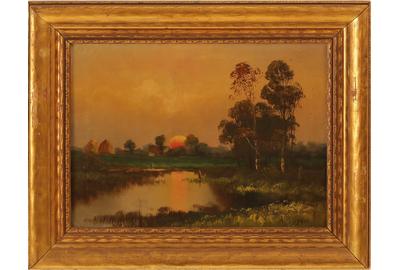 Alexander Helwig Wyant (American 1836 - 1892): Farm Pond at Sunset - Oil on canvas, 8.5 x 11.5 inches/Signed lower right