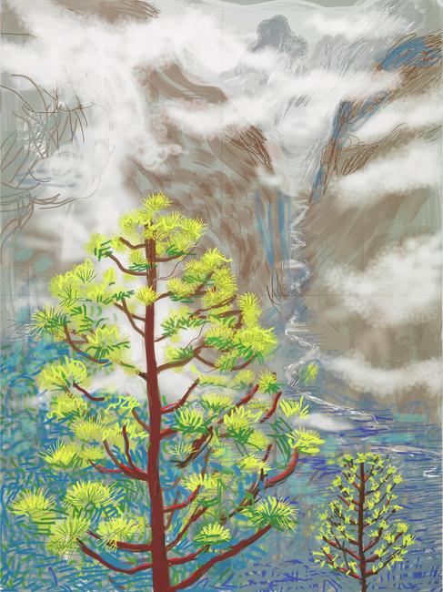 "Yosemite I, October 5th 2011" iPad drawing printed on four sheets of paper (46 3/8 x 34 7/8" each), mounted on four sheets of Dibond .Edition 1 of 12.  92 3/4 x 69 3/4" overall © David Hockney Photo Credit: Richard Schmidt Collection The David Hockney Foundation