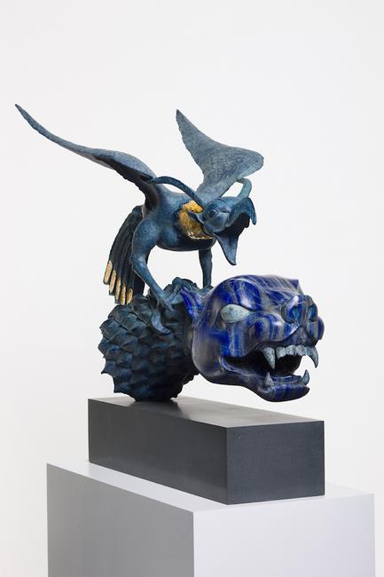 "Tiger and bird", 2014.  Grinded and carved lapis lazulli; cast and patinated bronze.  97 x 141 x 62 cm.