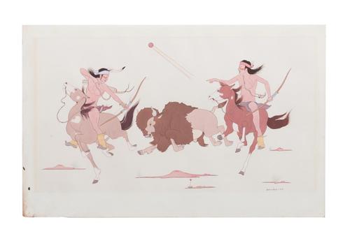 Gouache and mixed media on paper by Allan Capron (Haozous) Houser (American/Apache, 1914-1994), double-titled Apache Buffalo Hunt and Two Riders on Horseback Hunting, (1938) (est.  $3,000-$5,000).