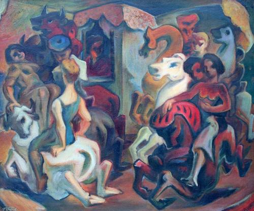 Theodore Fried, Carousel, c.  1940's, oil on masonite, 43 x 51 inches