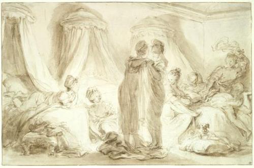 Jean-Honoré Fragonard, French, The Girls’ Dormitory, c.  1770.  Brown wash (unfiltered bistre) over graphite on off-white antique laid paper, framing lines in brown ink.  Harvard Art Museums/Fogg Museum, Gift of Charles E.  Dunlap, 1954.106.