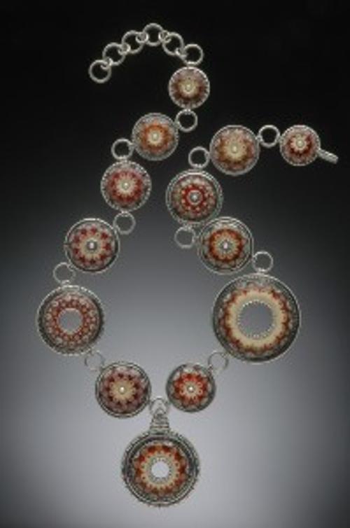 Kristina Logan, Red Floral Constellation Necklace with pendant.  Flameworked glass, sterling silver, 24” x 2”.