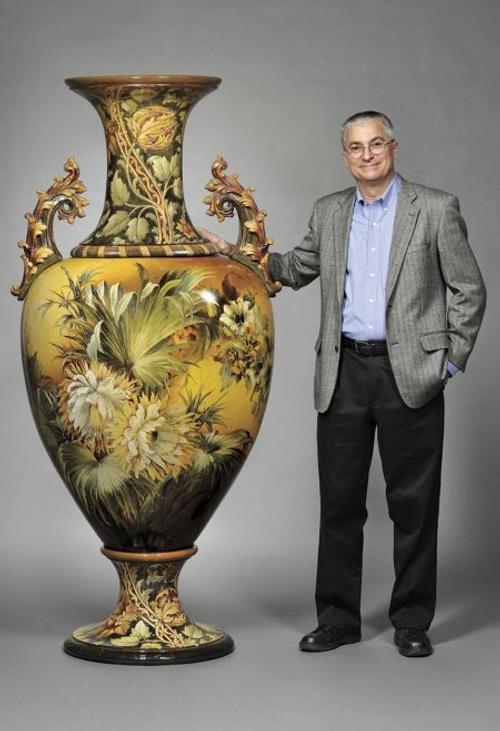 Lot 68: Large Doulton Lambeth Faience Floor Vase, England, c.  1893, height 75 1/2 inches Estimate $20,000-30,000