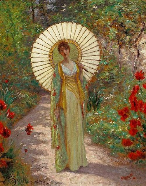 William John Hennessy (Irish, 1839-1917) The Japanese parasol, 1890 27 1/2 x 21 3/4in Estimate: $20,000 - 30,000