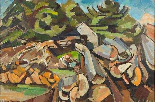 'Landscape with Woodchopper', c.1939.  Oil on canvas, 24 x 36 inches.