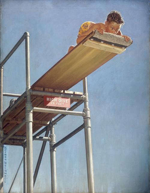 Norman Rockwell, Boy on High Dive, The Saturday Evening Post, August 16, 1947.  Oil on canvas, 35 x 27 in.  Collection of Steven Spielberg 