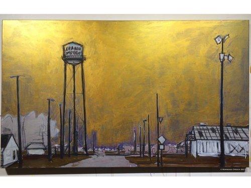 Lepanto Compress Water Tower - Gilded Sky, Lepanto, Poinsett County, Arkansas, charcoal, tinted gesso, metallic gesso on linen, 36" x 60", 2017 